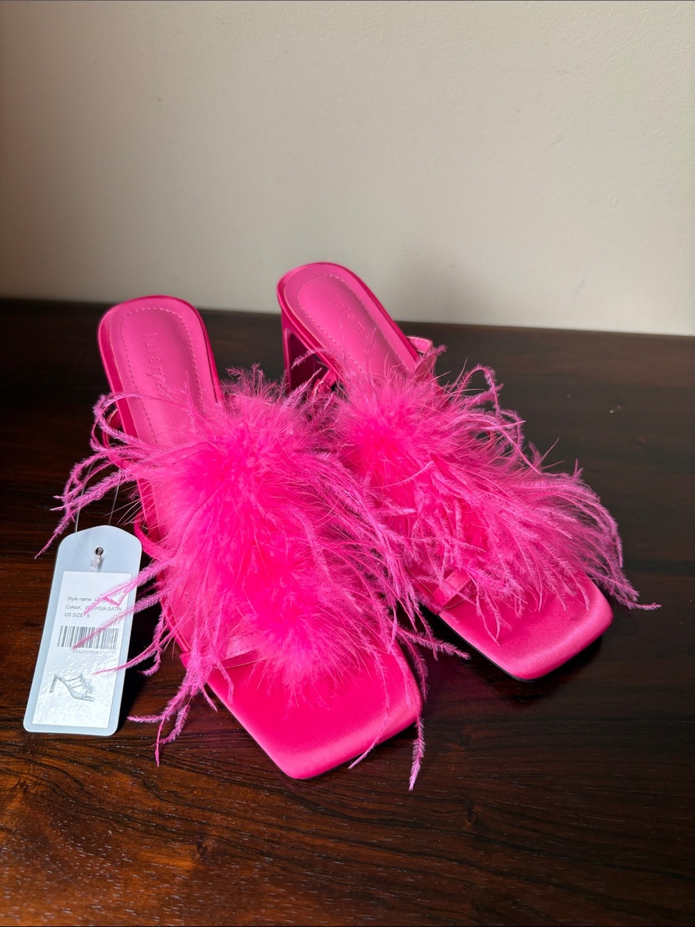 Hot Pink Feather-Trim Satin Slide Heels for Women